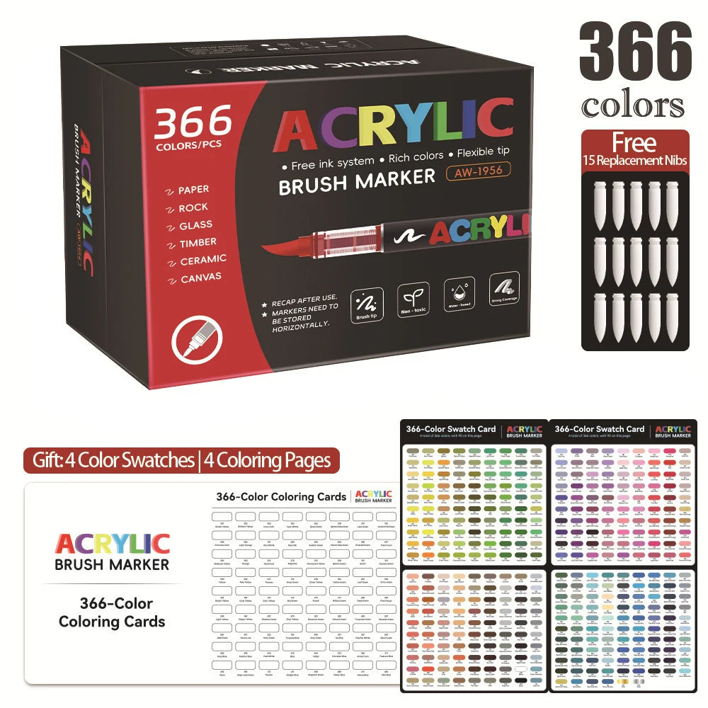 Box of 366 colors acrylic brush markers with a brush tip and various coloring cards