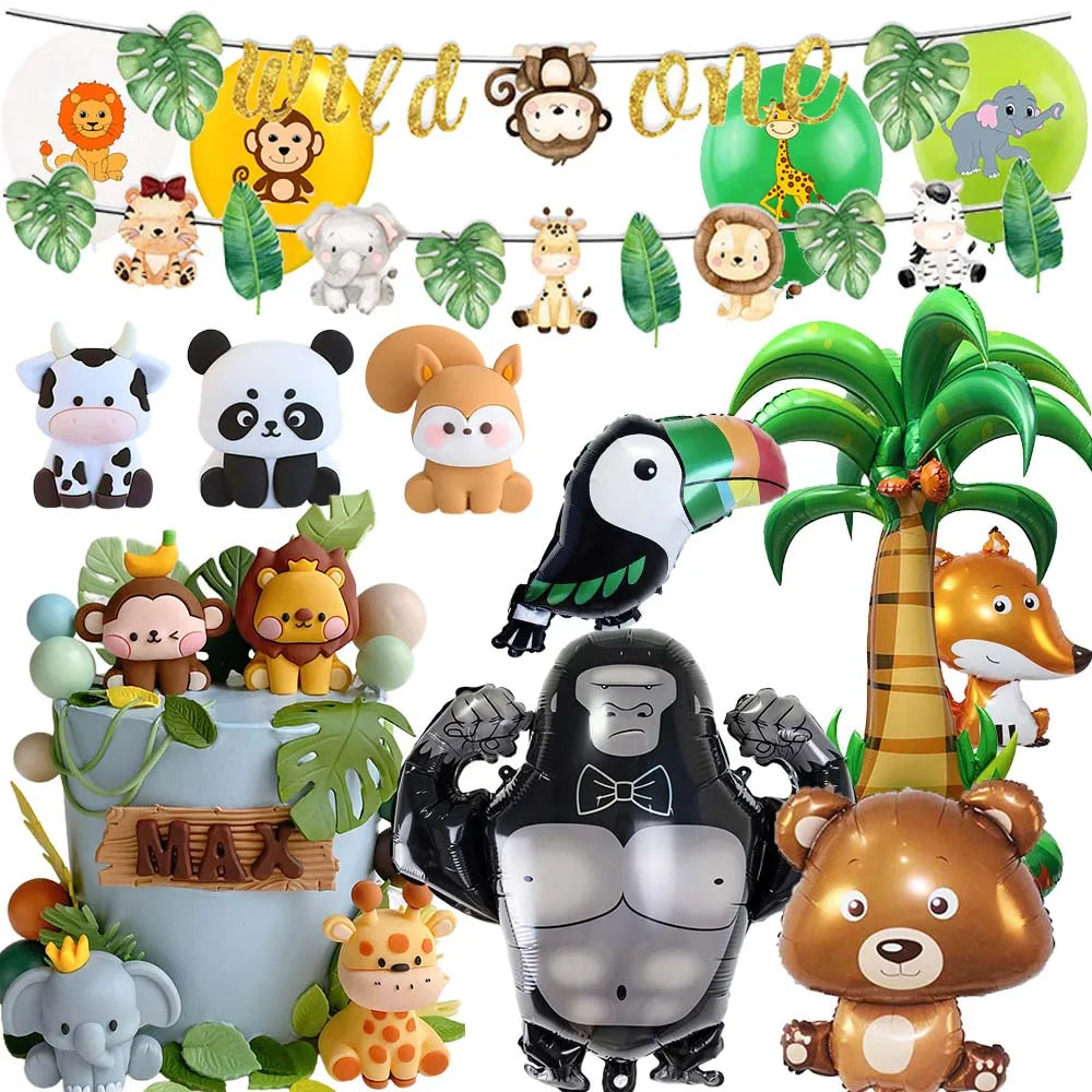 A colorful banner featuring various jungle and safari animals like lions monkeys elephants and tigers for birthday decoration