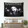 A large black tapestry featuring the Evanescence band logo and text Bring Me To Life hanging on a white wall.