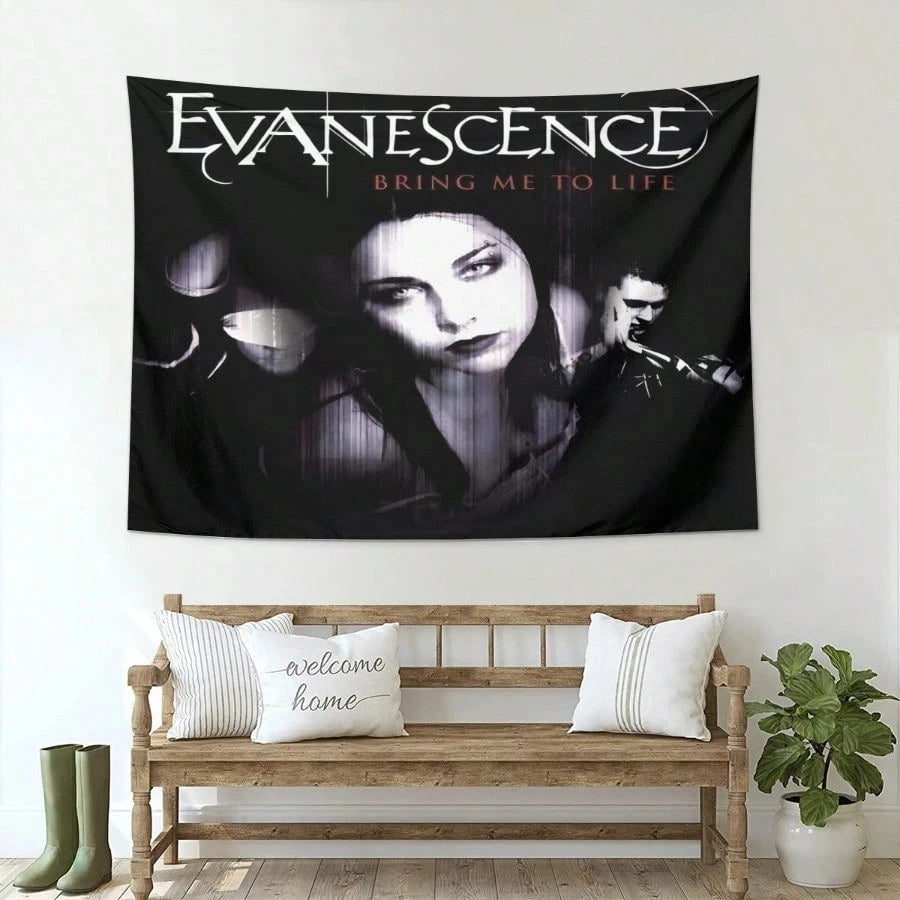 A large black tapestry featuring the Evanescence band logo and text Bring Me To Life hanging on a white wall.