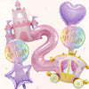 A set of seven pink balloons shaped like a castle and the number 2 for a birthday party