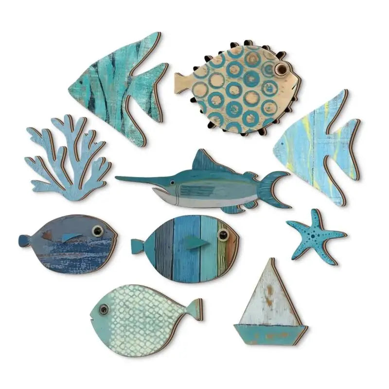 A set of ten wooden hanging fish wall decorations in various shades of blue and teal.