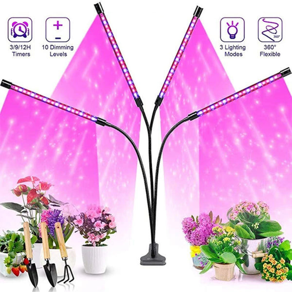 A pink LED plant grow light with flexible arms is shown illuminating various plants.