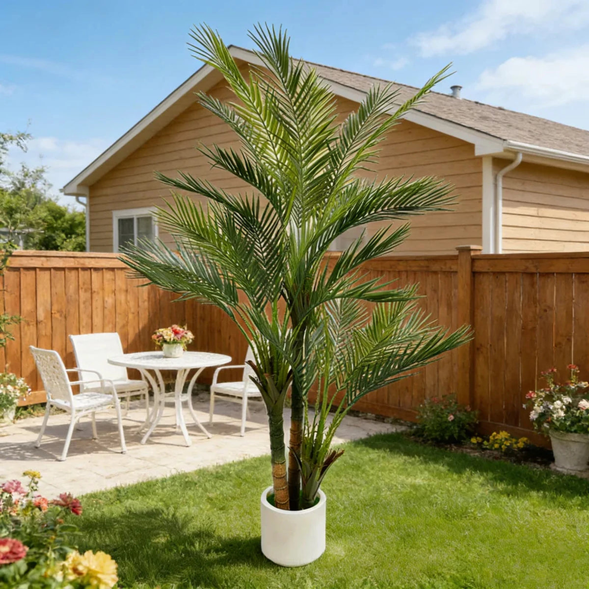 An artificial triple trunk palm tree in a white pot standing in a green lawn in front of a wooden fence and house.