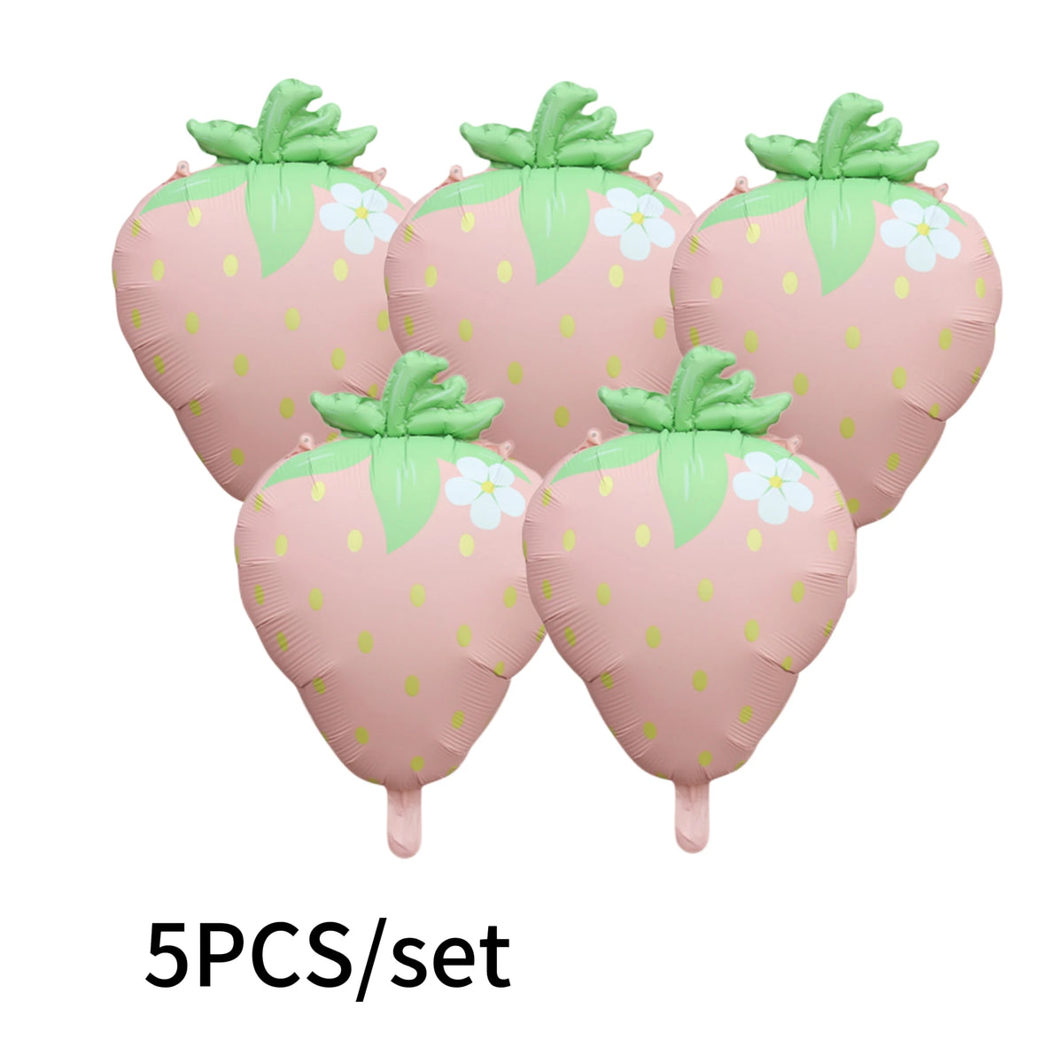 A set of five pink strawberry foil balloons with green leaves and white flowers.