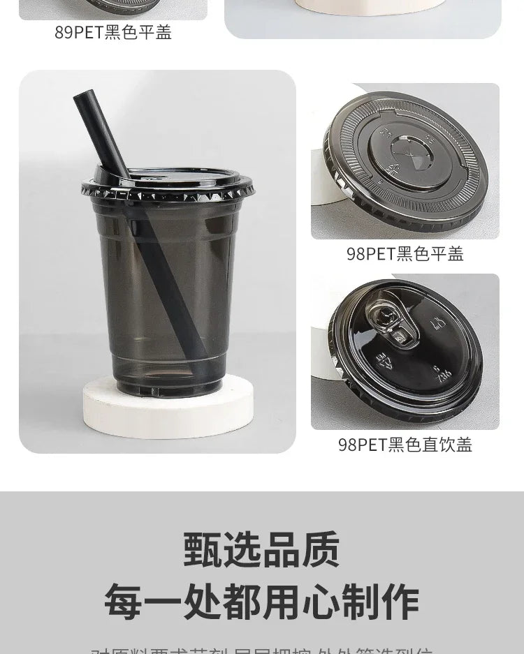 Various black disposable U-shaped coffee cups and lids shown in different finishes