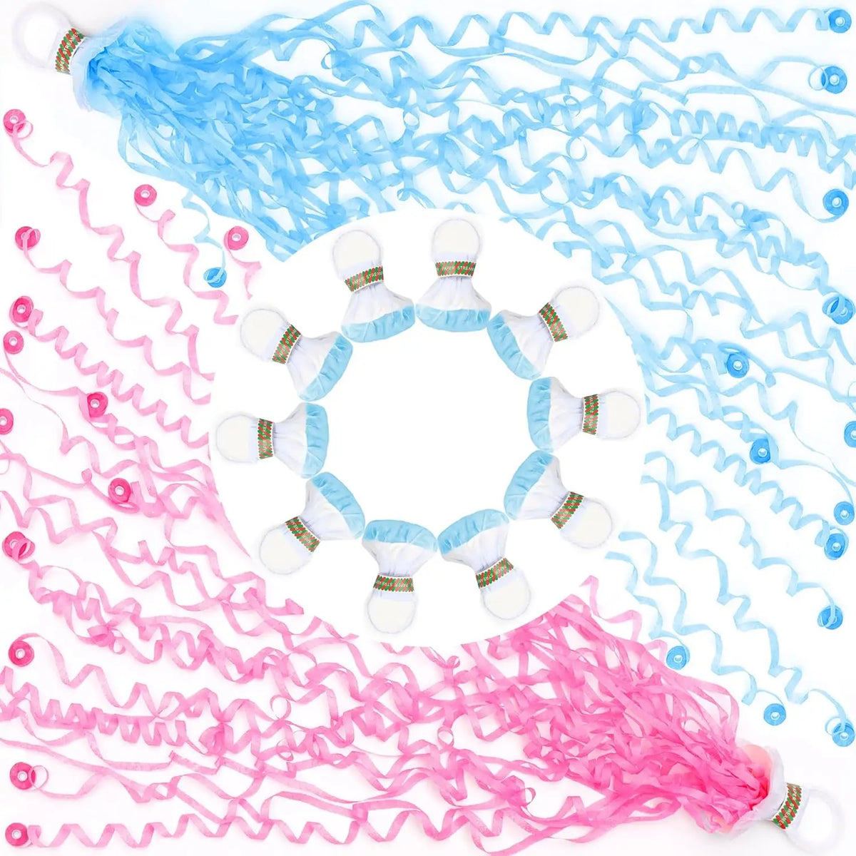 A collection of hand-thrown confetti streamers in pink and blue colors shown against a white background.