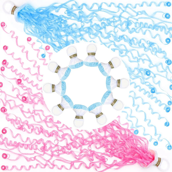 Una colección de serpentinas de confeti hechas a mano en colores rosa y azul.