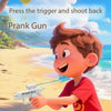 A young boy is holding a prank gun and aiming it toward the ocean with a sunny beach background.