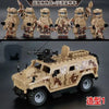 A set of military off-road jeep building blocks featuring several figures and a detailed vehicle model.
