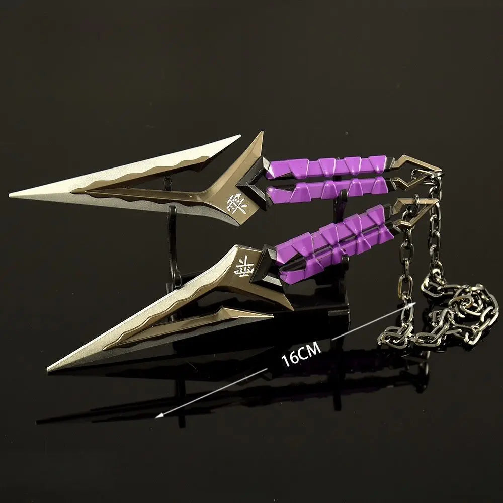 A full-size replica katana prop with a silver blade and purple hilt, displayed on a black surface.