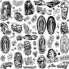 A collection of black and grey temporary tattoos featuring Chicano style faces, figures, and designs.