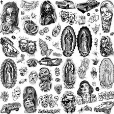 A collection of black and grey temporary tattoos featuring Chicano style faces, figures, and designs.