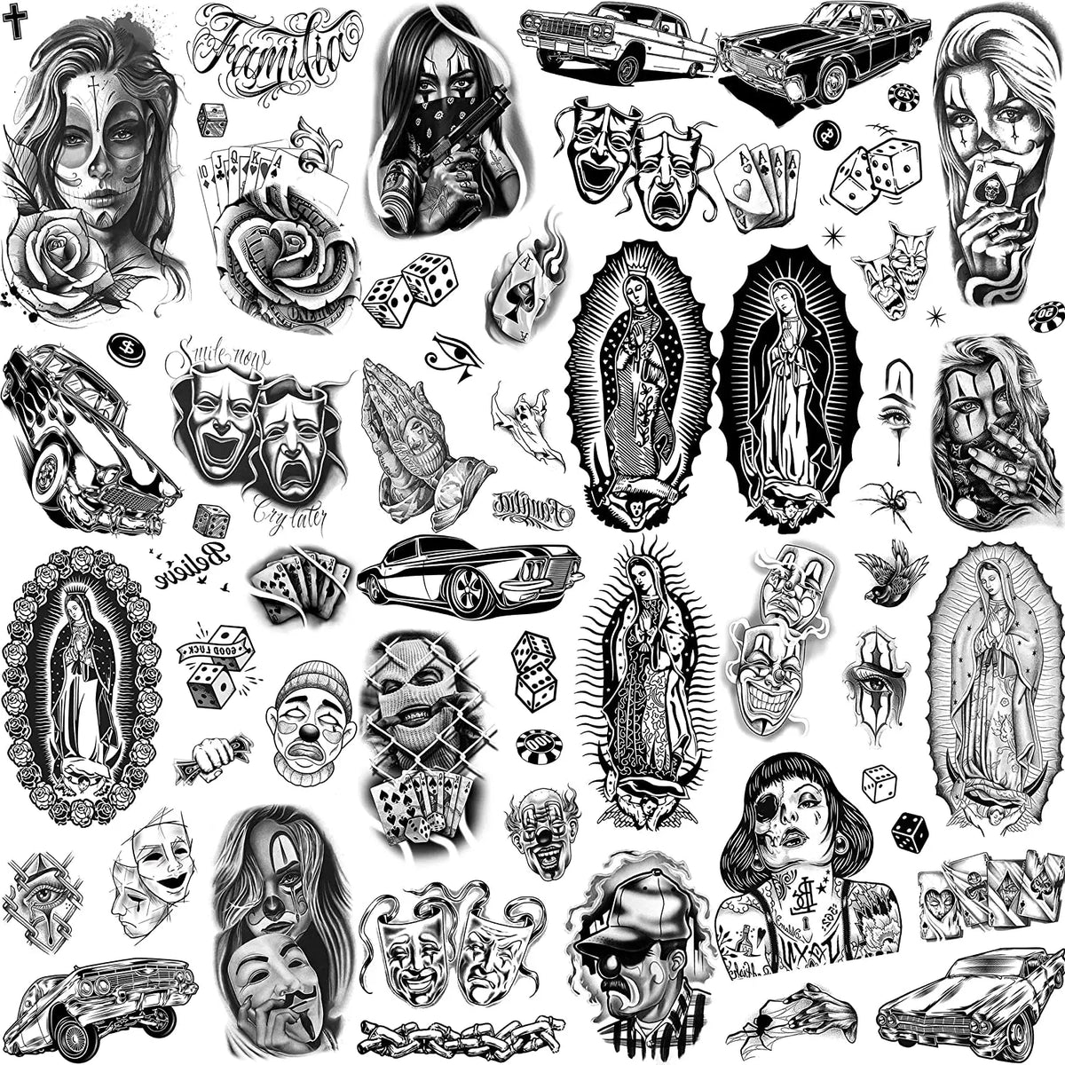 A collection of black and grey temporary tattoos featuring Chicano style faces, figures, and designs.