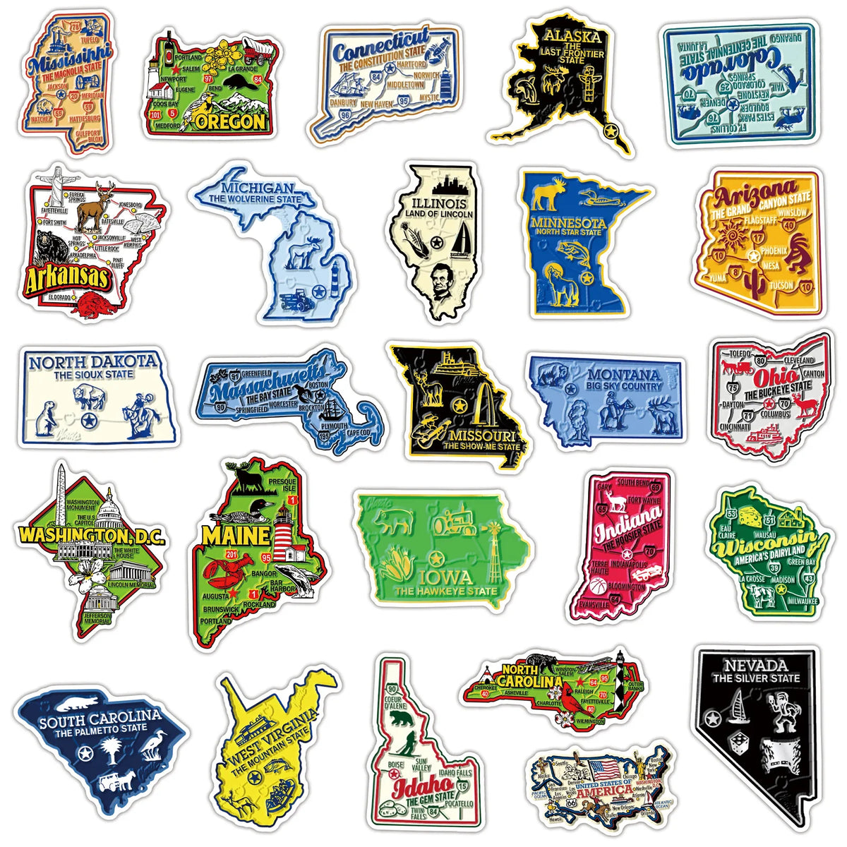 A collection of 50 USA state map cartoon stickers featuring various states like Alaska, Oregon, and Florida.