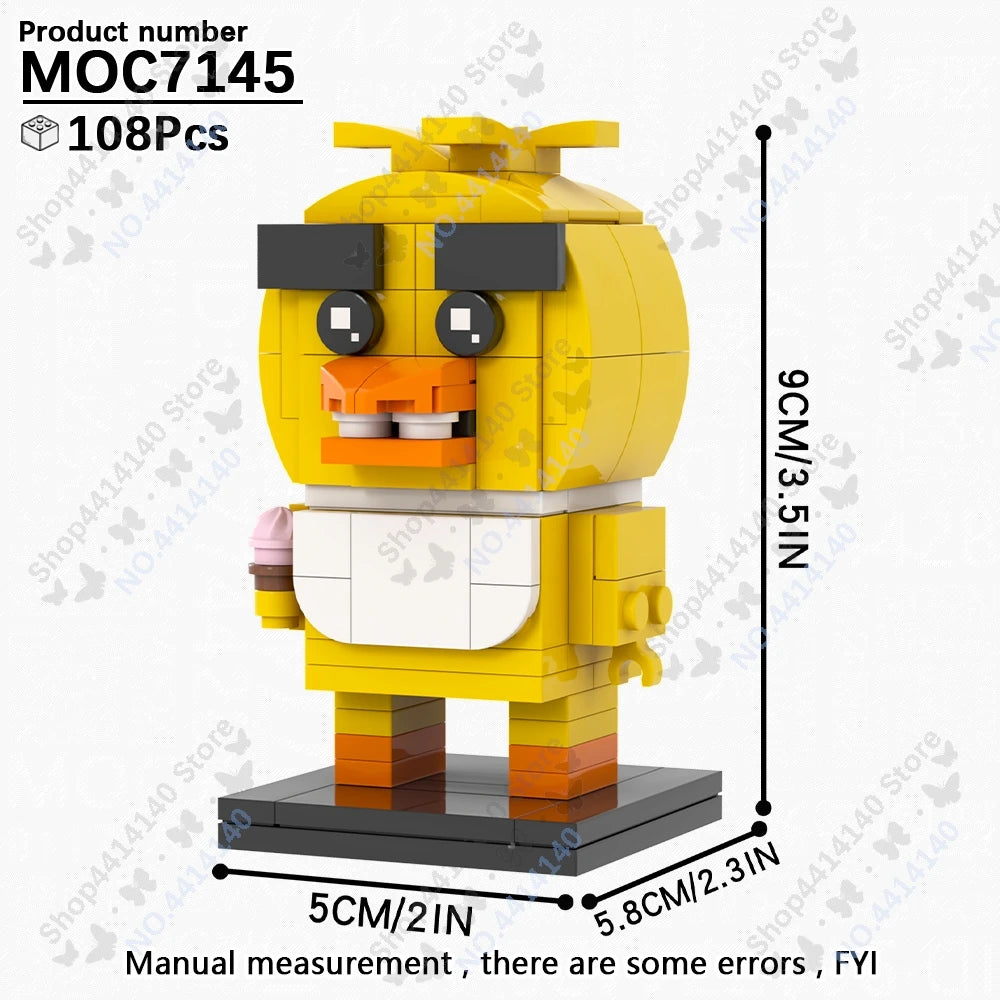 A yellow Five Nights at Freddy's character minifigure built from building blocks, shown in a side view.