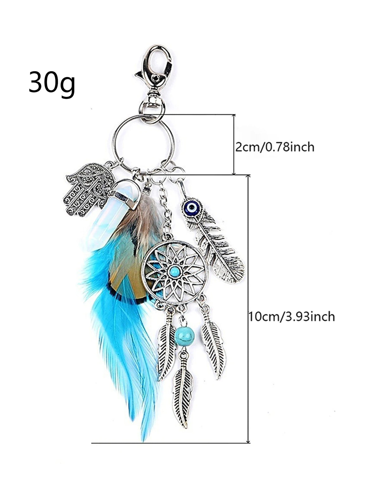 Silver bohemian dream catcher keychain featuring blue feather and tassel details