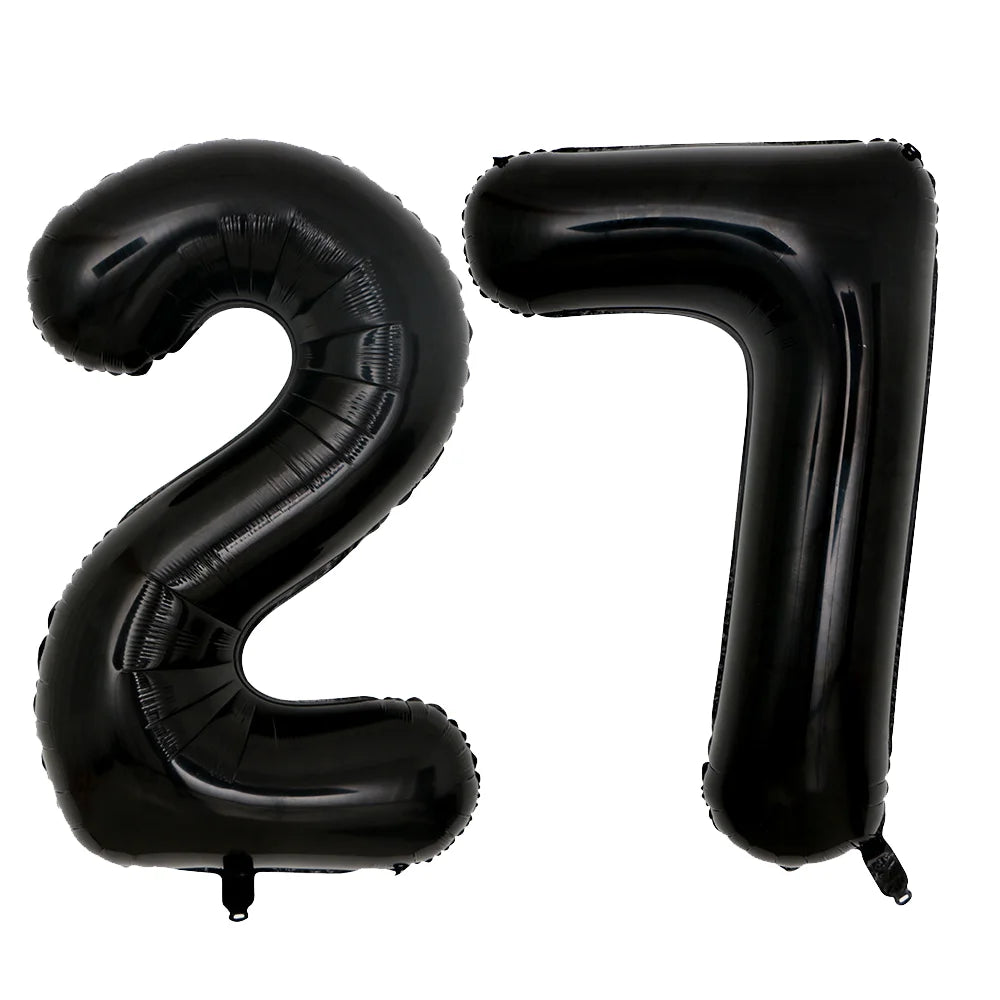A set of two giant black foil balloons shaped like the number 27