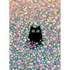 A black cat peeking through a dense field of pink and white flowers on a canvas background.