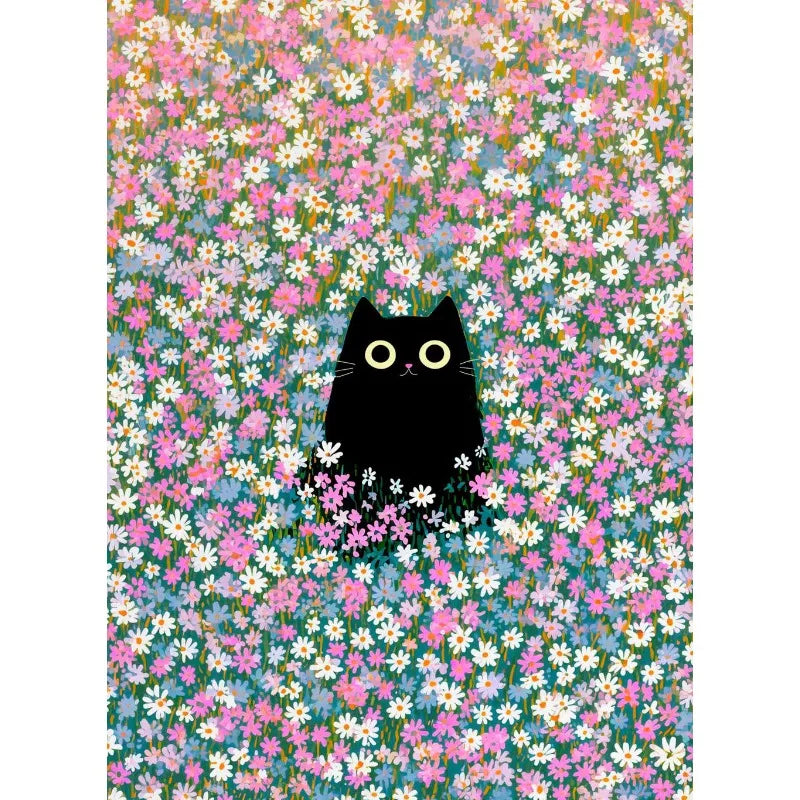 A black cat peeking through a dense field of pink and white flowers on a canvas background.