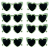 A set of heart-shaped sunglasses with green frames and black lenses.