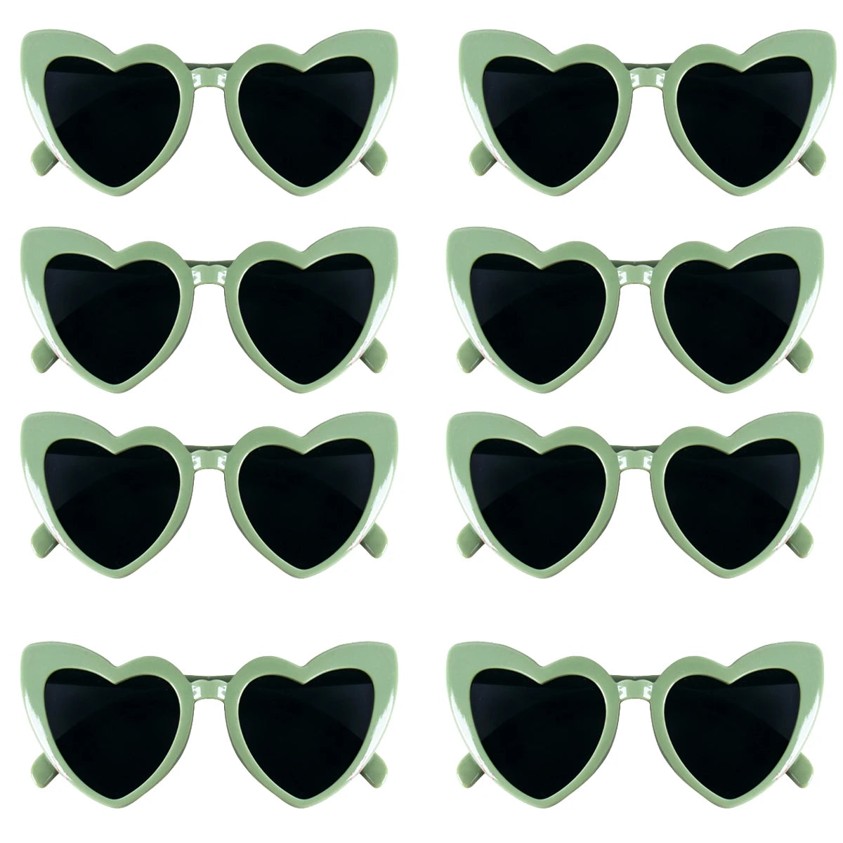 A set of heart-shaped sunglasses with green frames and black lenses.