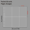 A layout diagram showing a pocket designed to hold 60 cards across 10 pages with dimensions of 20.1cm by 19.5cm.