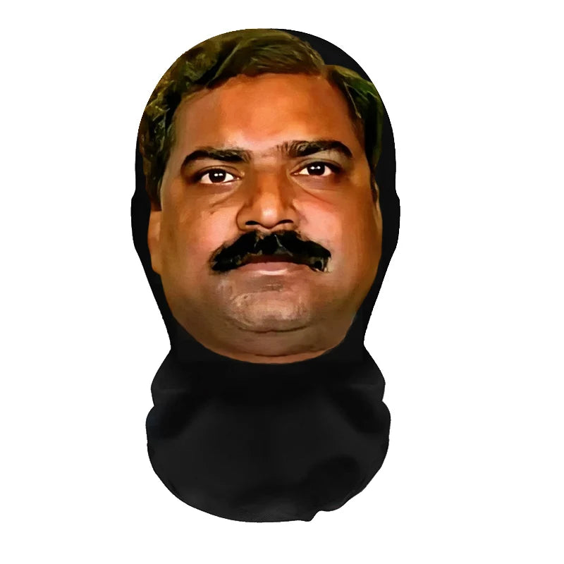 A close-up portrait of a man with a mustache wearing a black balaclava mask.