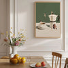 Abstract coffee wall art canvas print featuring a green background with a teapot and figures