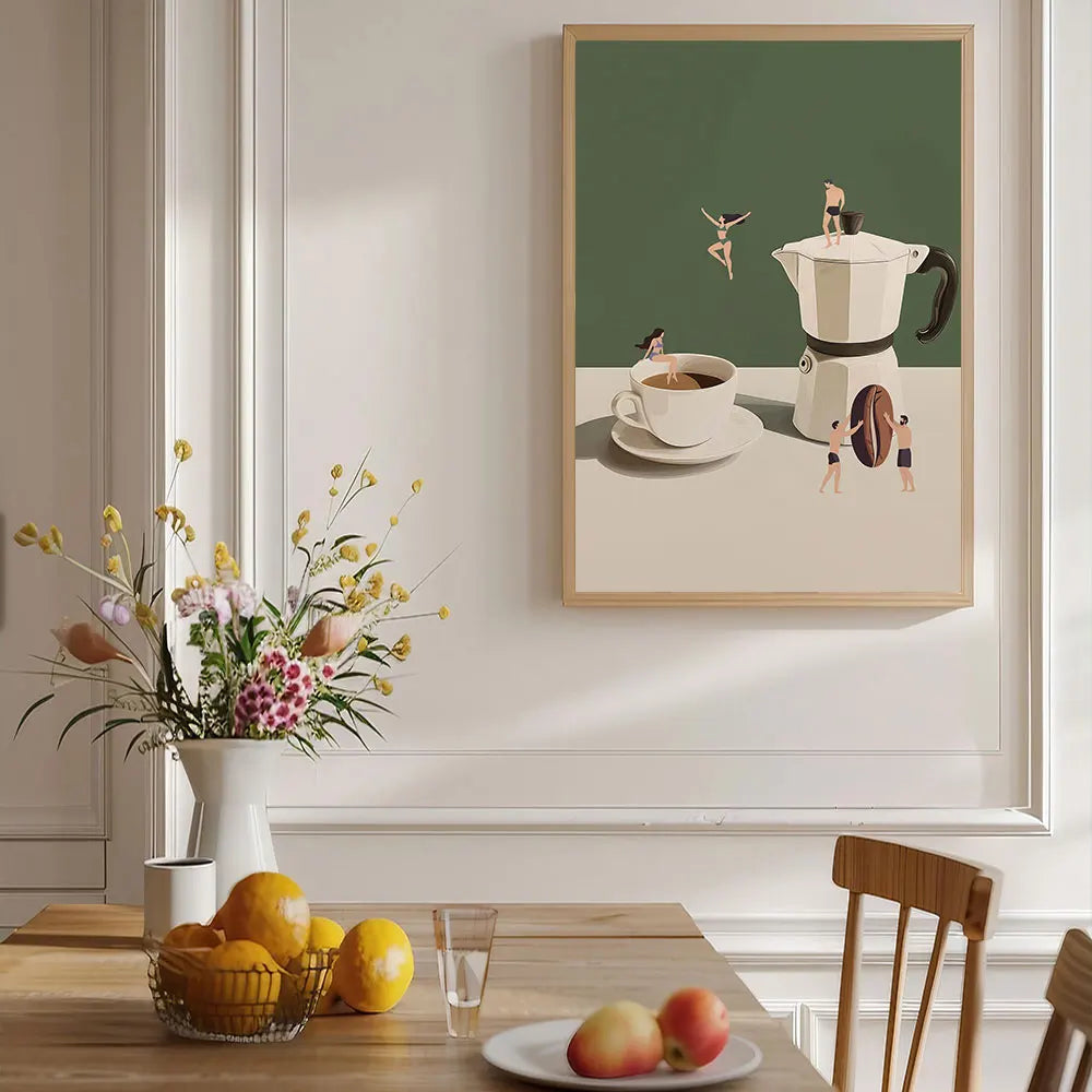 Abstract coffee wall art canvas print featuring a green background with a teapot and figures