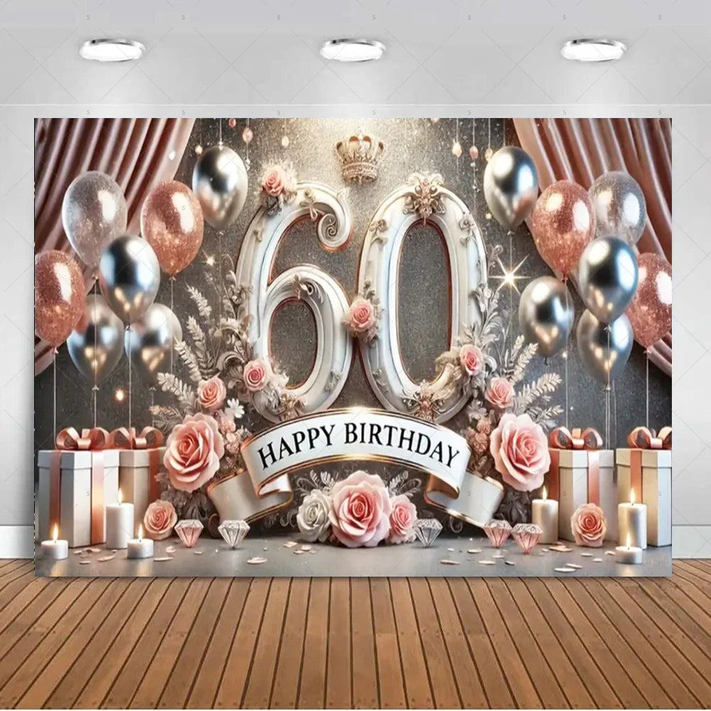 A glamorous birthday backdrop featuring large gold balloons, pink roses, and glittery accents for a photo booth.