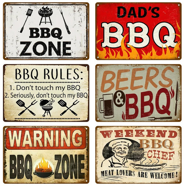 A collection of vintage metal tin signs featuring BBQ zone rules, warnings, and slogans like Dad's BBQ and Beer & BBQ.