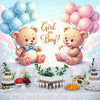 A set of gender reveal party decorations featuring teddy bear plush toys and balloons.