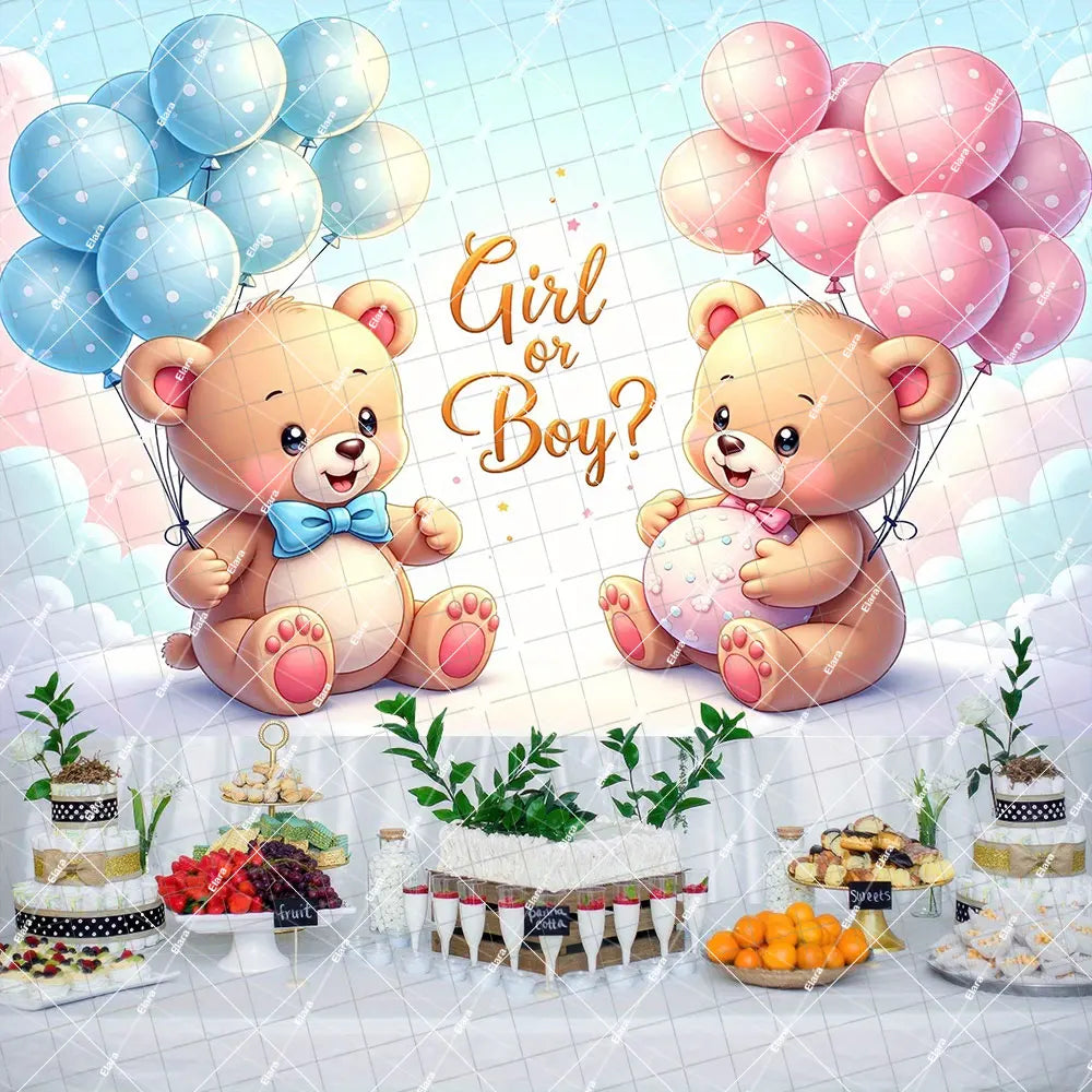 A set of gender reveal party decorations featuring teddy bear plush toys and balloons.
