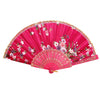 A vibrant pink hand fan with floral embroidery and gold trim.