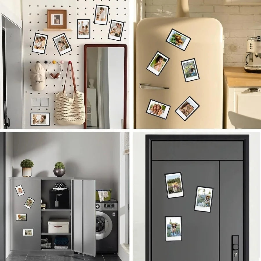 A collection of magnetic mini photo frames displayed on a light-colored cabinet and a dark gray door.