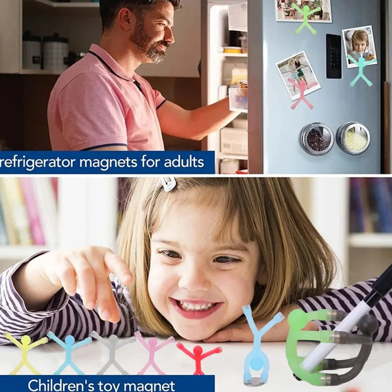 Children's toy magnet showing a girl pointing at colorful flexible mini figures used as refrigerator magnets