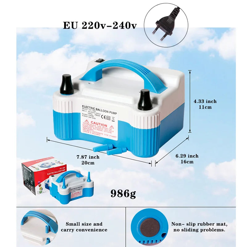 White electric balloon pump inflator with blue accents and dual nozzles shown against a cloudy sky.