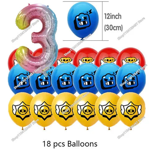 A set of 18 balloons featuring a character design, including pink and blue balloons.