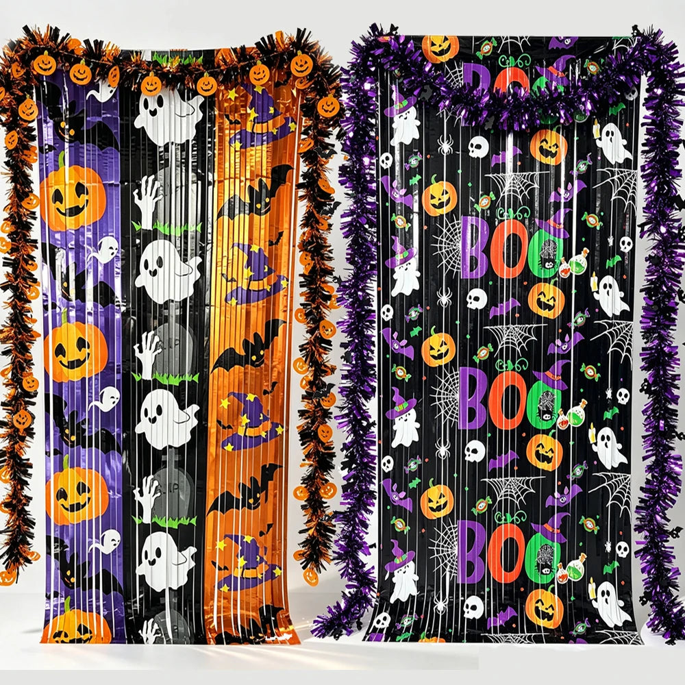 Halloween Foil Fringe Curtain – Pumpkin, Ghost & Bat Print Party Backdrop