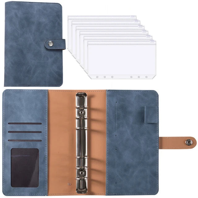 A6 PU leather budget planner binder with cash envelopes and expense sheets shown in blue and tan colors.