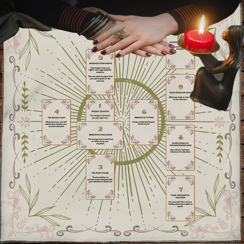A hand holds a Celtic Cross altar cloth featuring a tarot design and a lit red candle.