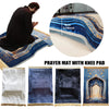 Prayer mat with knee pad featuring blue and gold patterns and a decorative arch design