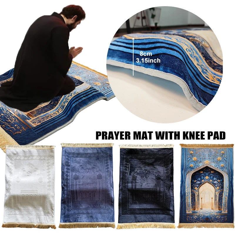 Prayer mat with knee pad featuring blue and gold patterns and a decorative arch design