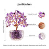 A natural crystal money tree ornament featuring purple crystals on a wooden stem and glass base.