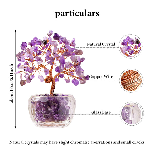 A natural crystal money tree ornament featuring purple crystals on a wooden stem and glass base.