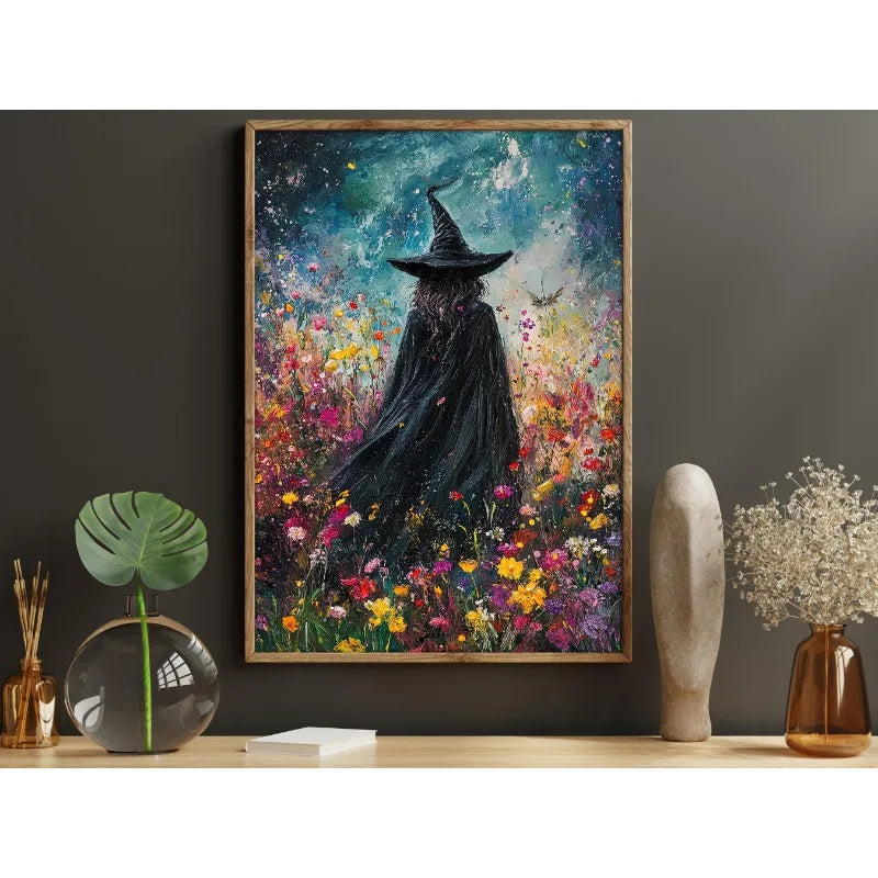 Canvas wall art depicting a dark witch with a pointed hat standing amidst a vibrant, colorful forest of flowers and foliage.