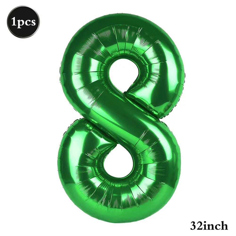 A shiny green foil number balloon shaped like the number 8, measuring 32 inches.