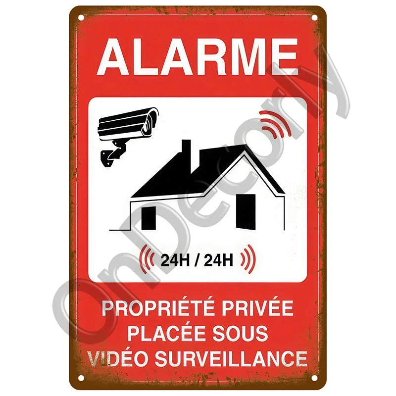 Red vintage metal sign warning about private property under 24-hour video surveillance.