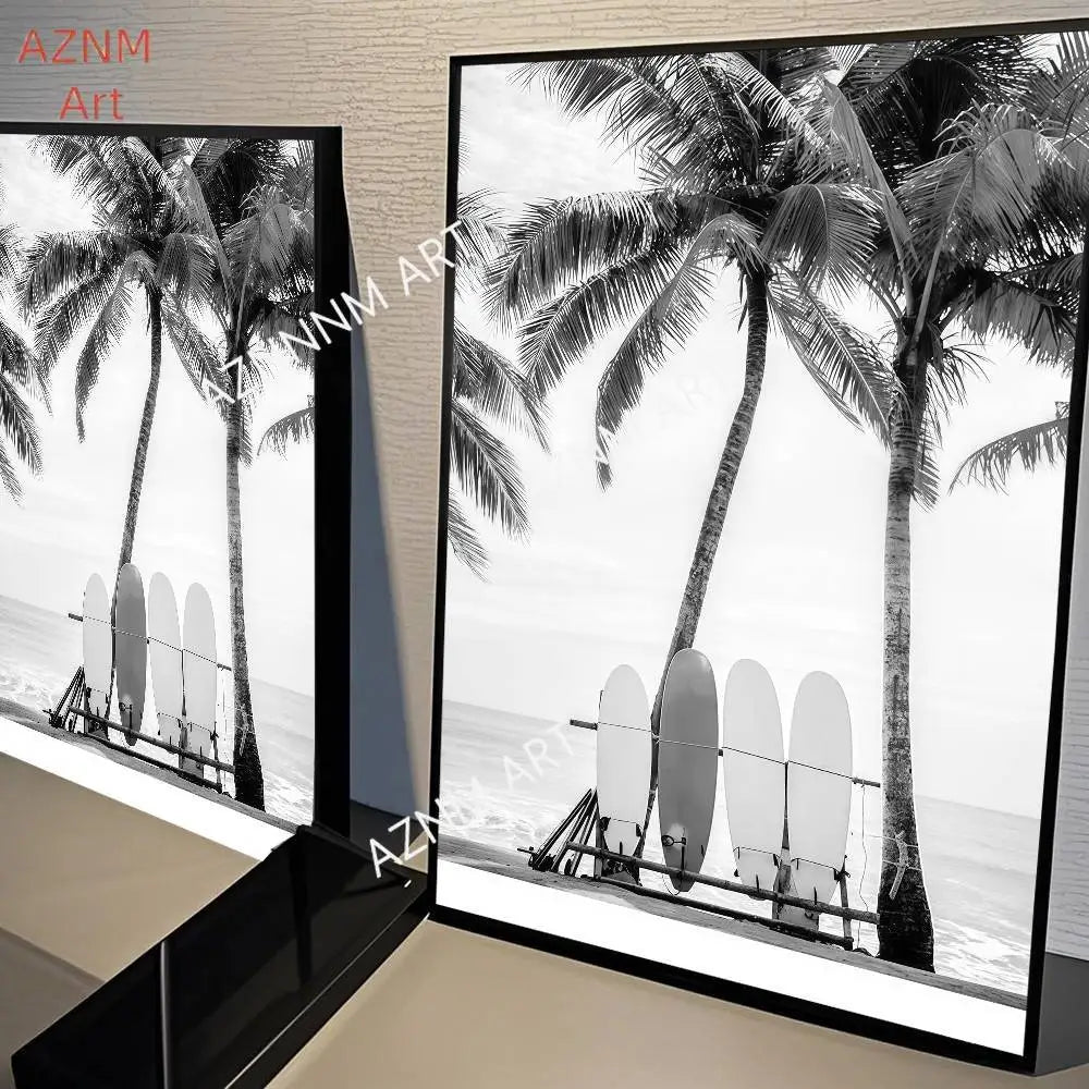 Black and white poster featuring palm trees against a beach landscape.